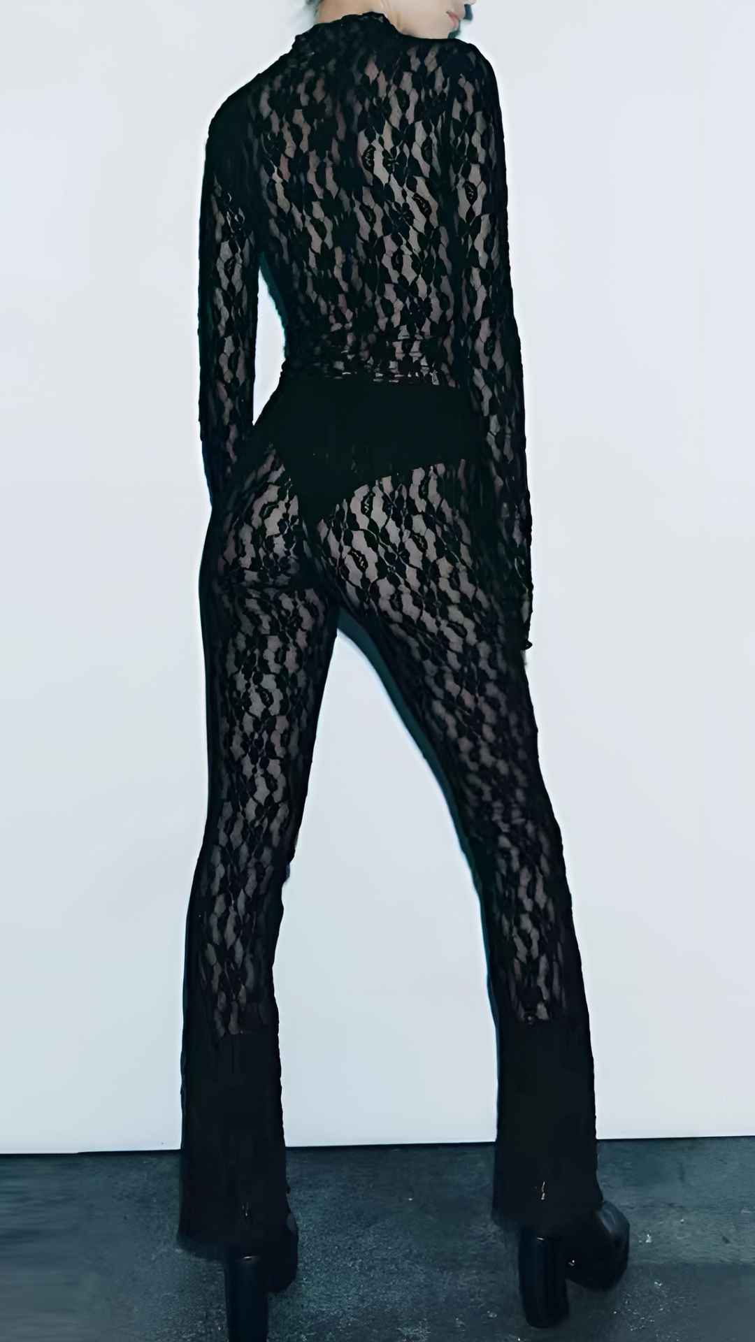 Frauen neue Spitze Anzug Herbst und Winter schwarz semi-transparent Schlitz sexy Leggings langärmelig mid-waist elastische Jumpsuit