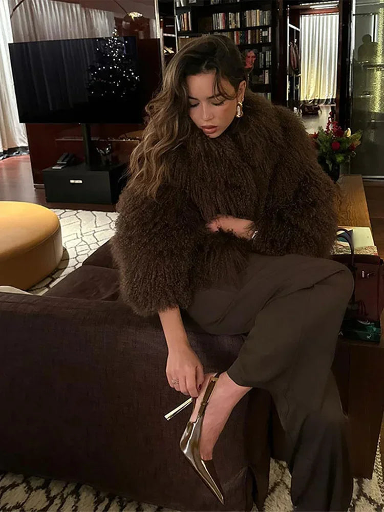 Women Fashion Solid Thicken Faux Fur Coat Elegant Lapel Long Sleeve Cropped Jackets Vintage Female Casual High Street Outerwear