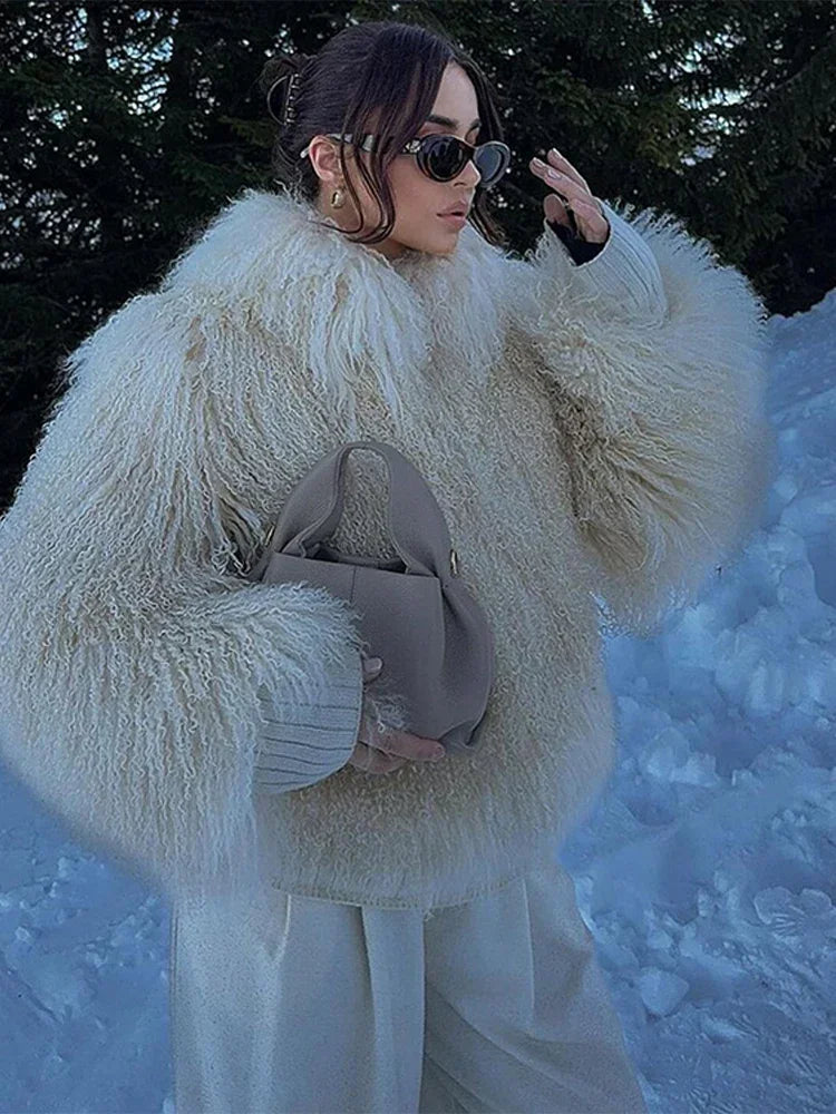 Women Fashion Solid Thicken Faux Fur Coat Elegant Lapel Long Sleeve Cropped Jackets Vintage Female Casual High Street Outerwear