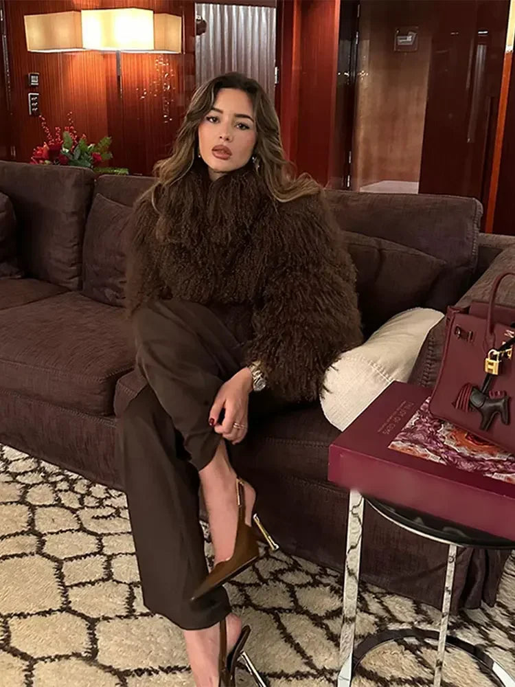 Women Fashion Solid Thicken Faux Fur Coat Elegant Lapel Long Sleeve Cropped Jackets Vintage Female Casual High Street Outerwear