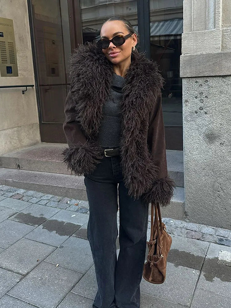 Vintage Coffee Faux Fur Spliced Coats Women Fashion Lapel Long Sleeve Thick Warm Jacket Autumn Winter Female New Warm Streetwear