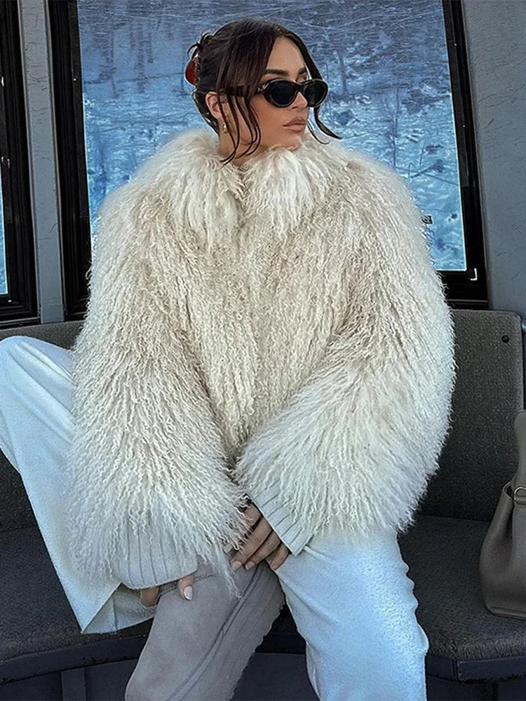 Women Fashion Solid Thicken Faux Fur Coat Elegant Lapel Long Sleeve Cropped Jackets Vintage Female Casual High Street Outerwear