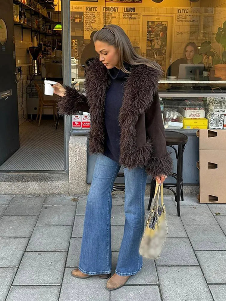 Vintage Coffee Faux Fur Spliced Coats Women Fashion Lapel Long Sleeve Thick Warm Jacket Autumn Winter Female New Warm Streetwear
