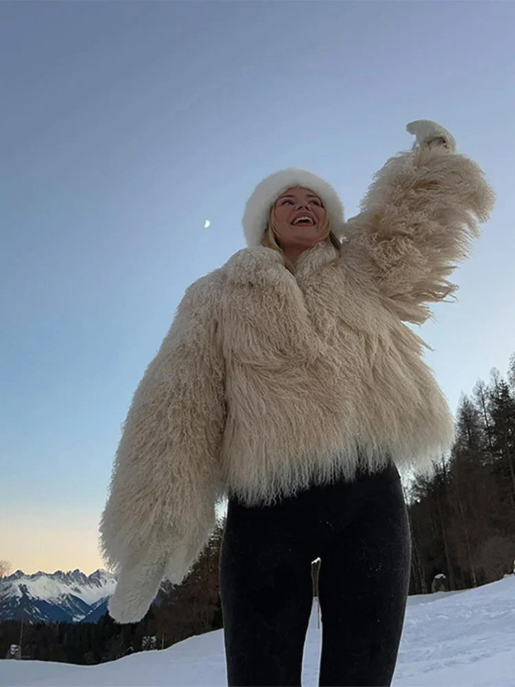 Women Fashion Solid Thicken Faux Fur Coat Elegant Lapel Long Sleeve Cropped Jackets Vintage Female Casual High Street Outerwear