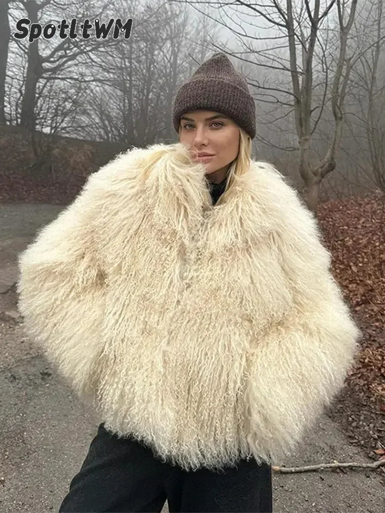 Women Fashion Solid Thicken Faux Fur Coat Elegant Lapel Long Sleeve Cropped Jackets Vintage Female Casual High Street Outerwear